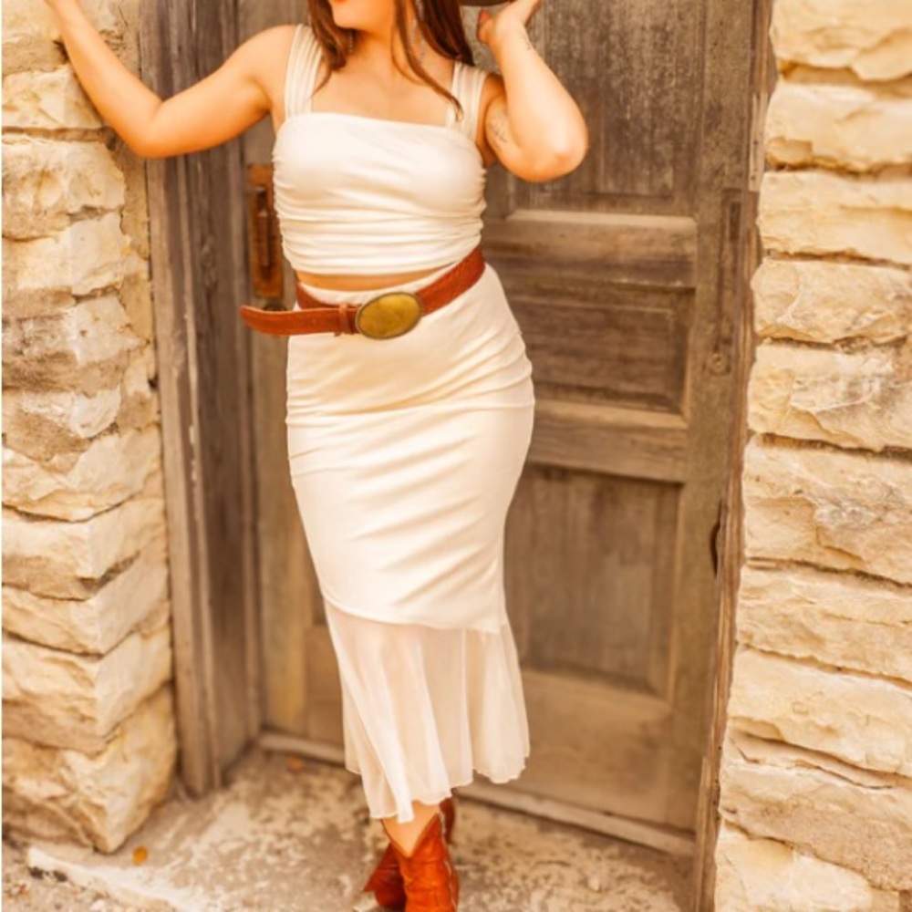 Cream Midi Dress Skirt with Sheer Hem